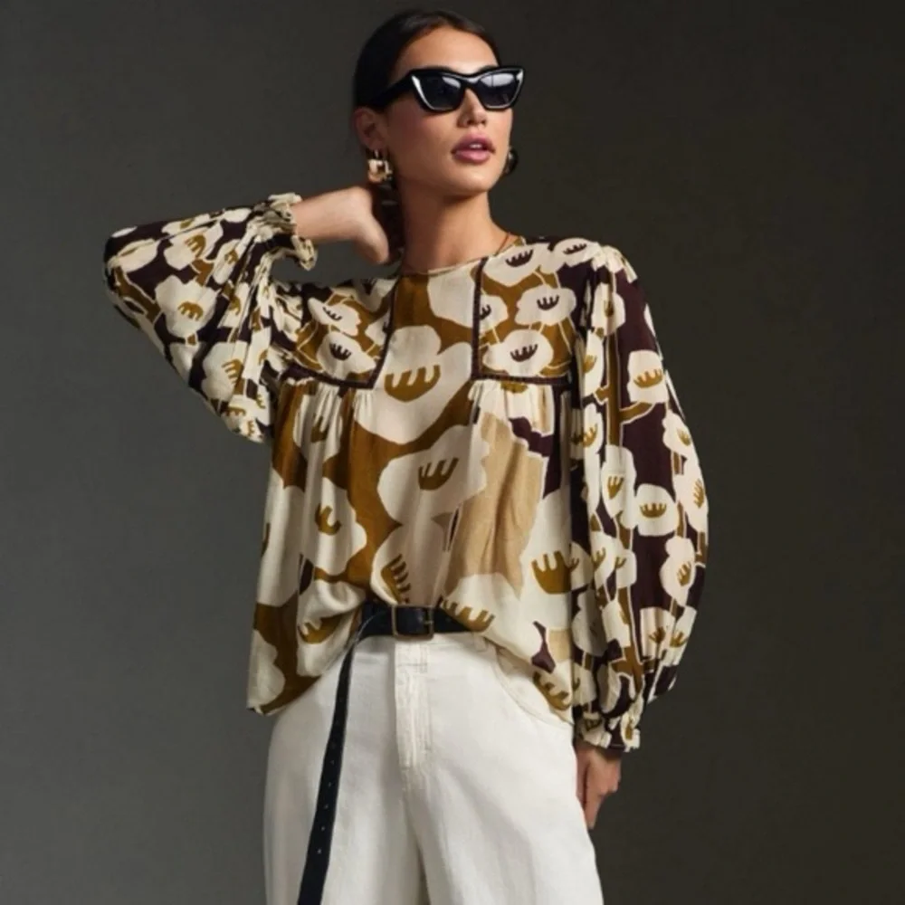 Anthropologie x BL^NK London “Miranda” Peasant Blouse Brown & Ivory Floral XS - Picture 3 of 6